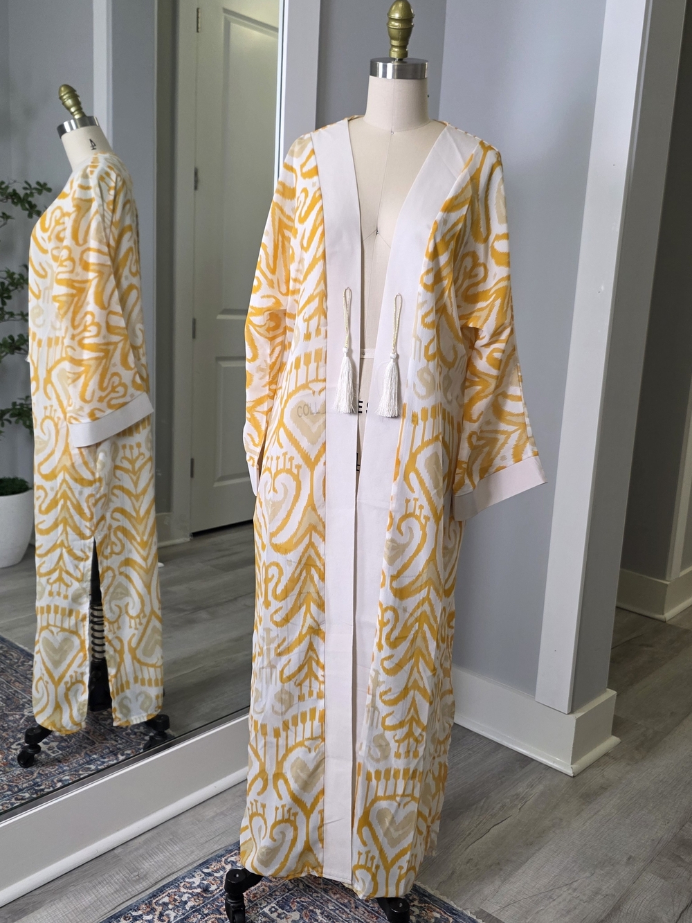 Elegant Yellow & White Ikat Robe with Tassel Tie Chiffon